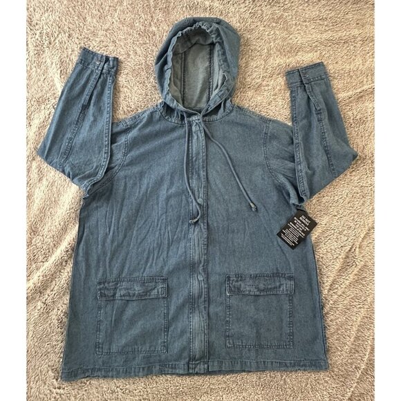 Woman Within Jacket Womens L 18/20 Blue Full Zip Hoodie Denim Jean Chore Field - Picture 5 of 14